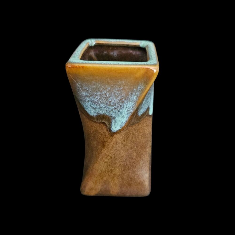 Modern Art Pottery Vase Brown Drip Glaze Square Twisted Ceramic Vase